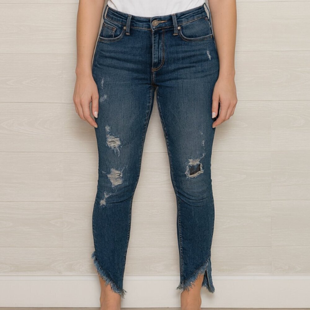 Express Women's Size 0 Dark Wash Stretch Denim Mid Rise Frayed Hem Ankle Jeans